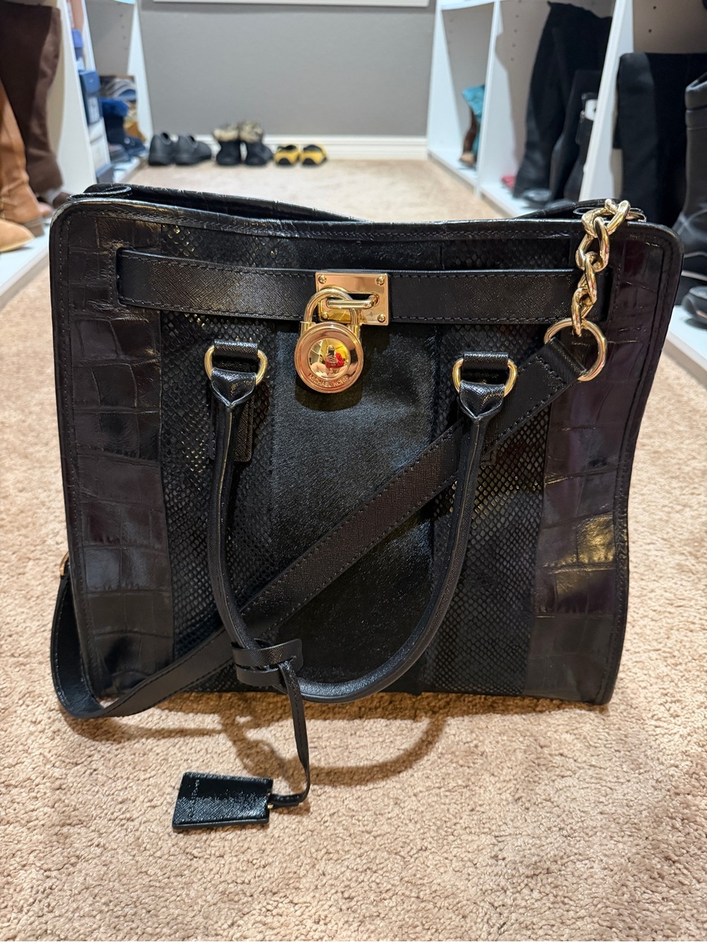Michael Kors Black Croc-Embossed & Textured Tote with Gold Hardware